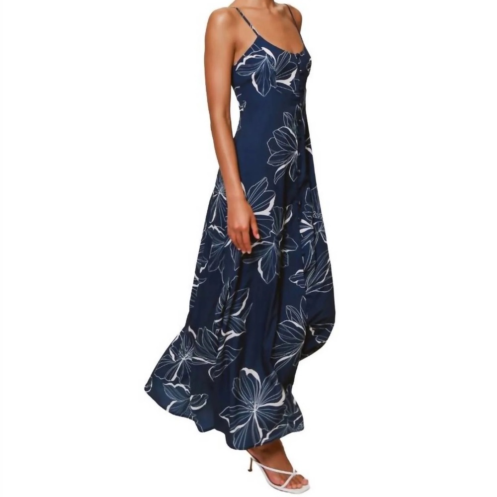 Hutch Valente Navy Blue Floral Maxi Dress with White Print